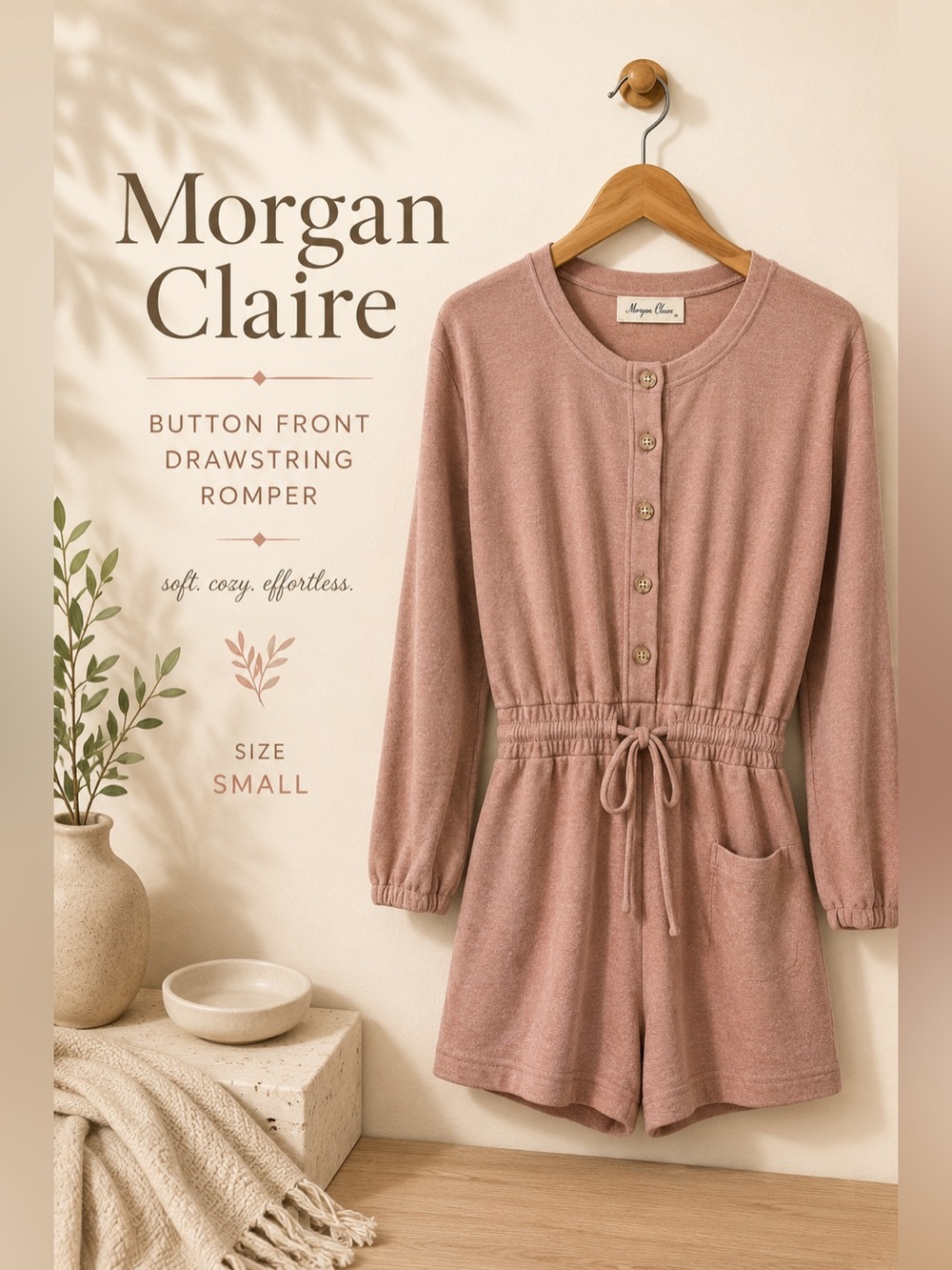Morgan Claire Blush Pink Button Front Drawstring Romper Size Small